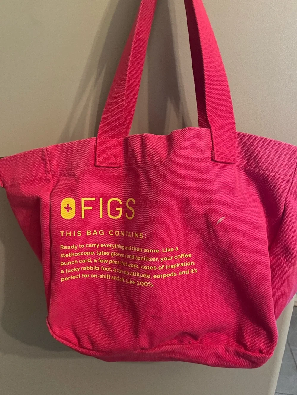 FIGS Hot Pink Canvas Tote with Yellow Logo
